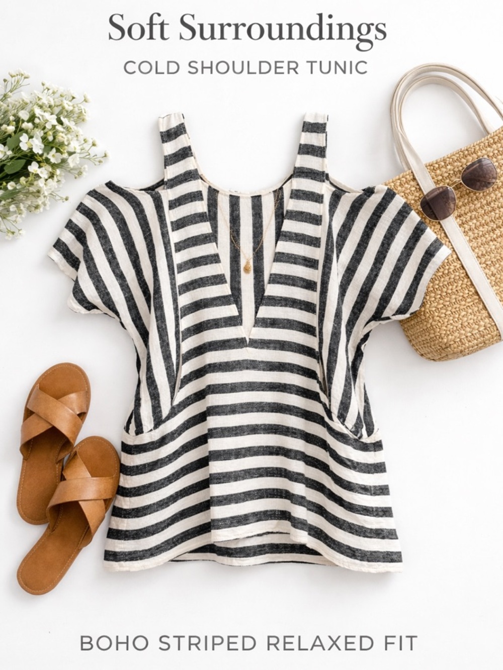 Soft Surroundings Striped Cold Shoulder Tunic Boho Black White Relaxed Fit Top